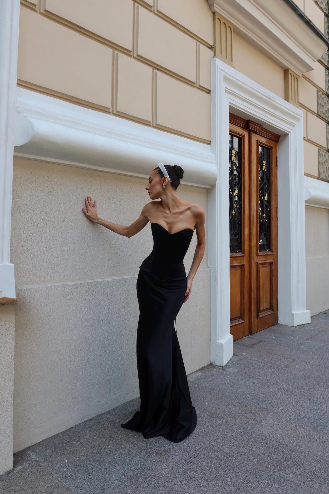 Three Piece Total Black Satin Set - Strapless Corset, Maxi High Skirt and  Long Slit Scarf Evening Gown - Etsy