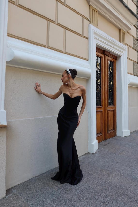 strapless black long evening dresses Classic Long Black Strapless Chic Prom Dresses Long Slit Online main image 1