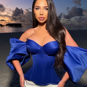 Elegantes Dunkelblaues Korsett Top: Abnehmbare Ärmel, Festliches Bustier