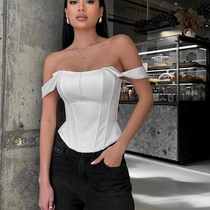 White Satin Wedding Corset -  Elegant Corset Top - Overbust Corset - Summer Bustier Top - Minimalist Wedding Corset with Straps