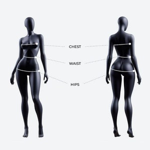 May include: Diagram showing the chest, waist, and hip measurements on a black mannequin.