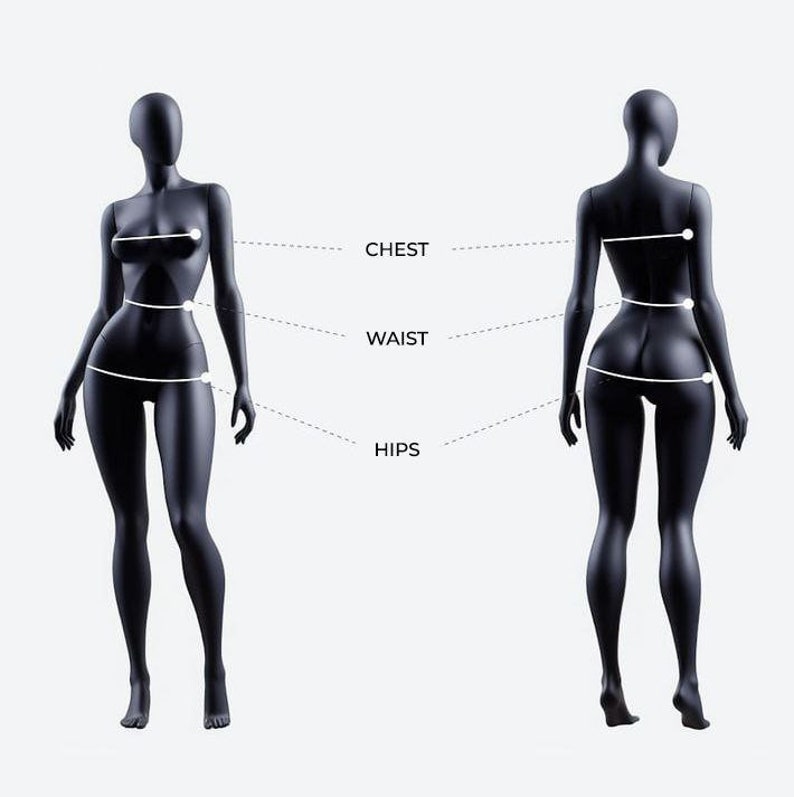 May include: Diagram showing the chest, waist, and hip measurements on a black mannequin.