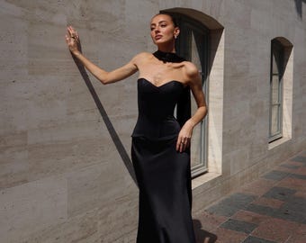 Custom Black Satin Corset snd Skirt Set: Formal Evening Outfit with Scarf