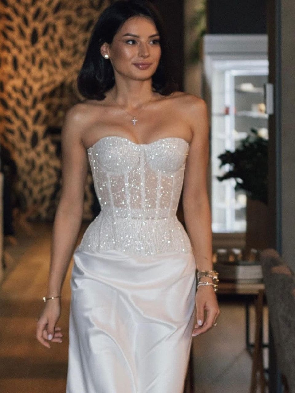 Handmade White Beaded Corset Top – Strapless Sequin Bridal Bustier