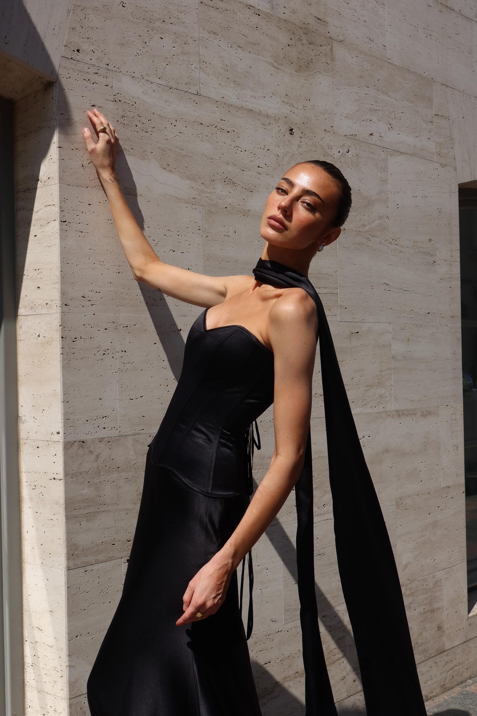 black corset dress with scarf Three Piece Total Black Satin Set