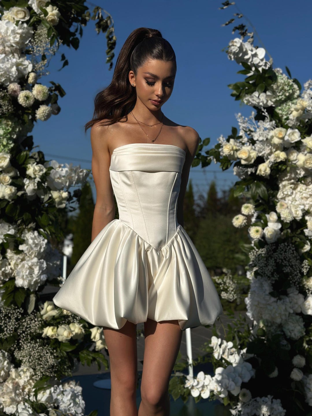 Off Shoulder Corset Mini Wedding Dress - Romantic Elopement Gown