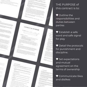 Pu&ograve; includere: Un modello di contratto di propriet&agrave; stampabile con un design in bianco e nero. Il testo sulla pagina delinea lo scopo del contratto, che &egrave; quello di stabilire una parola sicura e un segnale sicuro per il gioco, dettagliare i protocolli di punizione e disciplina, stabilire aspettative e un accordo reciproco sui termini di propriet&agrave; e comunicare simpatie e antipatie.