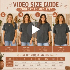 Peut inclure: Guide des tailles vidéo pour les t-shirts unisexes adultes Comfort Colors 1717. L'image présente des modèles portant des t-shirts gris anthracite en tailles S, M, L et XL. Le tableau des tailles donne les mesures en pouces, converties en cm.
