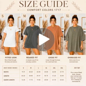 Peut inclure: Guide des tailles pour les t-shirts Comfort Colors 1717. Le guide présente quatre coupes différentes : ajustée, décontractée, ample et surdimensionnée. Les mesures sont en pouces pour la largeur, la longueur et la longueur des manches. Un conseil de taille est également fourni.