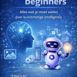 Op de afbeelding: Een blauwe afbeelding die AI voor beginners promoot. De afbeelding toont een gestileerd menselijk profiel met een printplaatontwerp, een vriendelijke robot met een gloeilamp en een smartphone. Tekst bevat "AI voor beginners" en "Alles wat je moet weten over kunstmatige intelligentie."