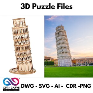 ピサの斜塔 3D パズル | DIY 建築傑作 | CNC、レーザーカット、Cricut ファイル | EPS、pdf、jpg ファイル