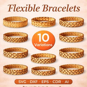 Puede incluir: Imagen de nueve pulseras flexibles con varios diseños tejidos. Las pulseras son de color marrón claro. Un círculo naranja central muestra "10 Variations". El texto "Flexible Bracelets" está en la parte superior. Iconos de tipo de archivo: SVG, DXF, EPS, CDR y AI.