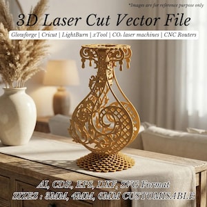 May include: A laser-cut wooden decorative vase with intricate floral and geometric patterns. The vase is designed with a wide base and a slender, curved body, featuring openwork details. Text on the image reads "3D Laser Cut Vector File" and "AI, CDR, EPS, DXF, SVG Format".