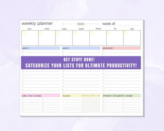 Weekly Planner, To Do List, To Do List by Category, Printable Planner Landscape Orientation