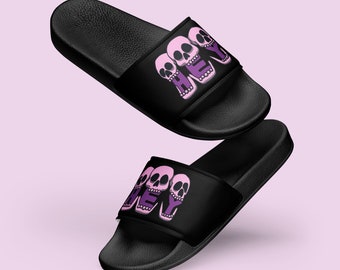 Black and Pink Hey Skull Women’s slides. Fun goth vibe slippers perfect for indoors or outdoors.