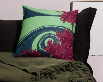 Eclectic Pattern Pillow Cover featuring a burgundy red flowering tree on a mint and navy night sky.