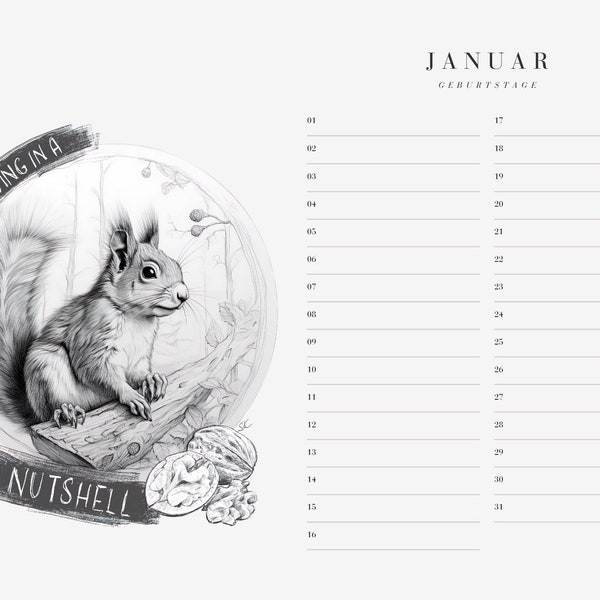 Digitaler Download | Geburtstagskalender | Wald-Motive | handgemalt | Monate | Jahr | Kalender | PDF