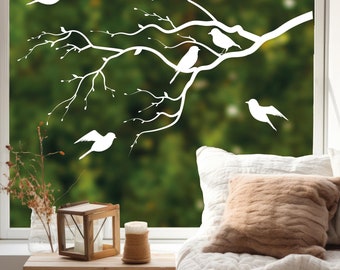 Fensterbild Zweig Vögel Frühling Sommer Knospen weiß schwarz Kontur junger Ast Frühlingsbote schlicht wiederverwendbar