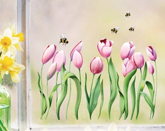 Fensterbild Frühling Tulpen und Bienen Osterdeko Blumenwiese Fensterdeko Kinderzimmer Kind
