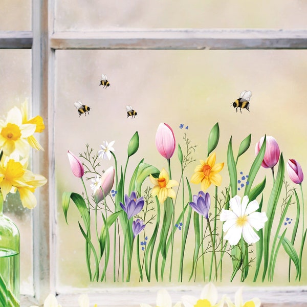 Fensterbild Frühling Ostern Blumenwiese Frühlingsblumen Nazisse Krokus Tulpen mit Hummeln,  Fensterdeko