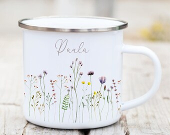 Tasse Campingbecher Emaille mit Wildblumen und dem Wunschnamen Natur Naturliebhaber Camper