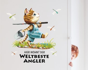 Türaufkleber Wandtattoo für einen Angler Katze Weltbester Angler mit Libellen, Kinderzimmer Sticker Aufkleber Kind