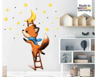 Wandtattoo Kinderzimmer Fuchs Leiter Mond Sterne bunt Dekoration Babyzimmer, Geschenk zur Geburt