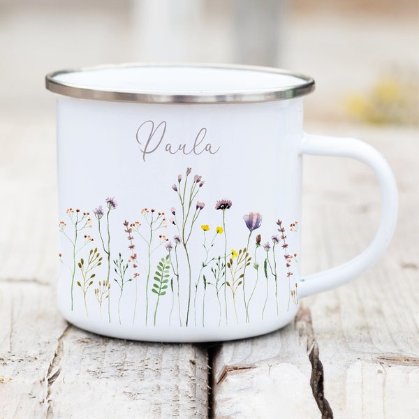 Tasse Campingbecher Emaille mit Wildblumen und dem Wunschnamen Natur Naturliebhaber Camper