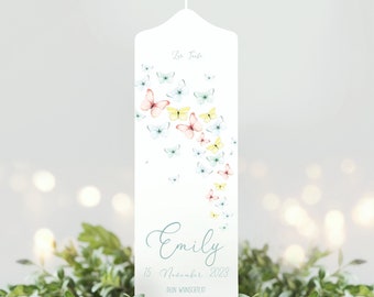 weiße Taufkerze Kerze zur Taufe oder Geburt mit Schmetterlingen mit Name Datum Taufspruch