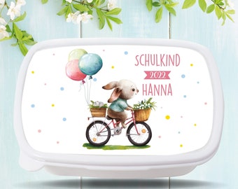 Brotdose Hase auf Fahrrad Schulkind personalisiert mit dem Wunschnamen, kratz- und bruchsicher, Geschenk Einschulung oder Geburtstag