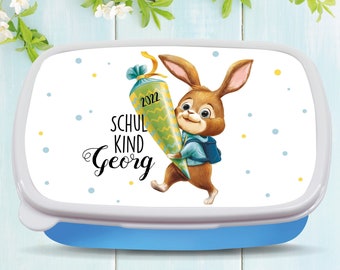 Brotdose Hase Häschen mit Schultüte personalisiert mit dem Wunschnamen, kratz- und bruchsicher, Geschenk Einschulung Geburtstag Junge