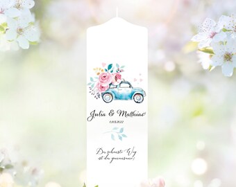 Weiße Hochzeitskerze Geburtstagskerze Auto mit Blumen personalisiert Hochzeitsgeschenk Spruch