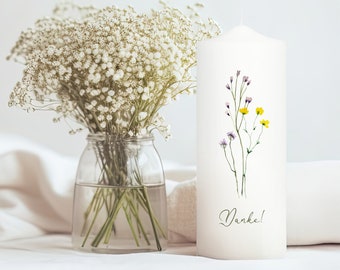 Weiße Kerze mit Wildblumen und Schriftzug Danke Geschenk Geburtstag Einfach Danke Blumen