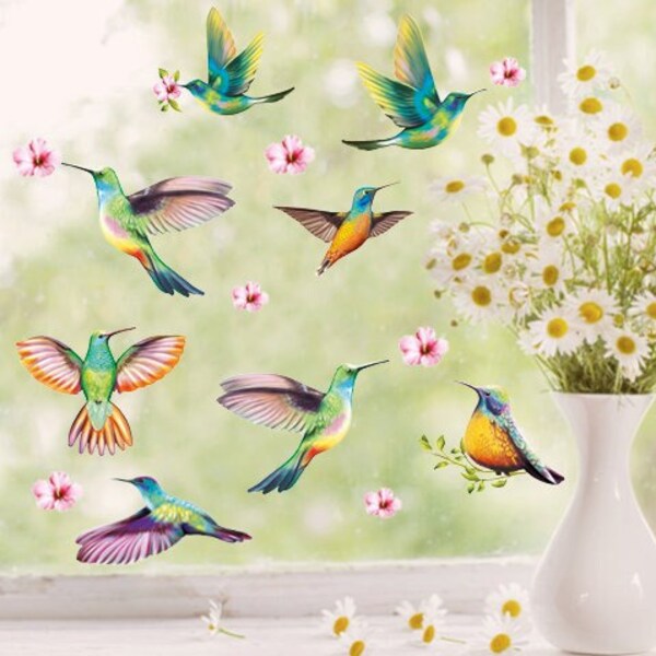 Fensterbild Frühling Vogel Kolibris Hibiskusblüten Vogelset wiederverwendbare Fensteraufkleber Kinderzimmer Baby Kind, Osterdeko