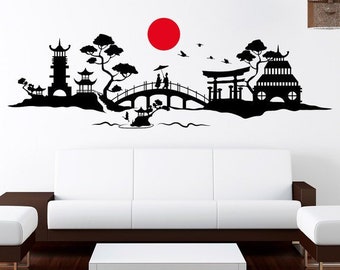 Wandtattoo Skyline Japan Kraniche Asien 2farbig