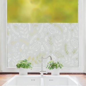 Sichtschutzfolie Wiederverwendbar weiße Vögel und Blumen, teilweise durchsichtig Fensterfolie Fensterdeko Milchglasfolie, Kinderzimmer