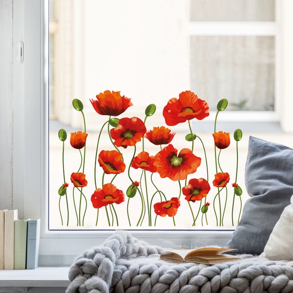 Fensterbild Mohnblumen Fensterdeko Frühling Sommer Ostern Mohn Blumenwiese Küche Wohnzimmer Kinderzimmer Feldblumen Blumen Pflanzen