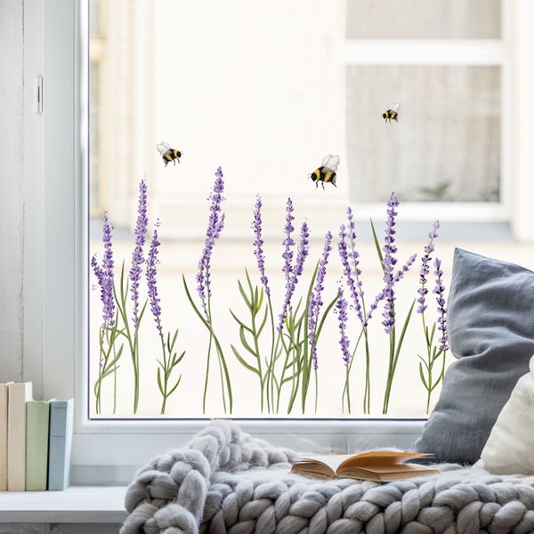 Fensterbild Lavendel und Bienen Blumenwiese Fensterdeko Küche Wohnzimmer Dekoration Kinderzimmer Sommer Osterdeko Frühling Feldblumen Lila