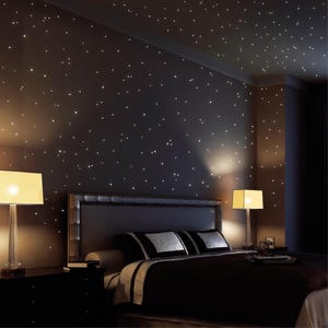 Könnte beinhalten: Ein Schlafzimmer mit einer dunkelbraunen Wand und Decke, die mit kleinen, weißen, leuchtenden sternartigen Lichtern geschmückt sind. Ein Bett mit einer schwarzen Bettdecke und Kissen befindet sich in der Mitte. Zwei Lampen mit gelben Schirmen stehen auf beiden Seiten des Bettes.