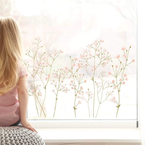 Fensterbild Frühling Ostern zarte Blumen Gypsophila Schleierkraut Blumenwiese, Fensterdeko Kinderzimmer Kind Wiederverwendbar Fensterfolie