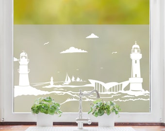 Sichtschutzfolie mit dem Leuchtturm von Warnemünde und Segelbooten auf der Ostsee, Fensterfolie Fensterdeko Milchglasfolie