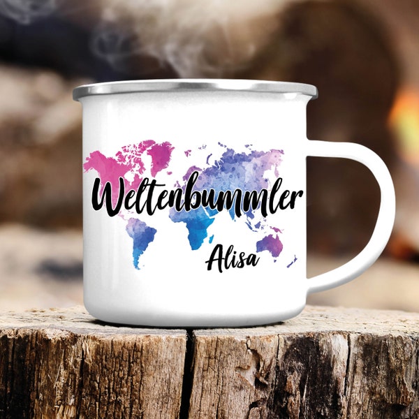 Campingbecher Emaille Weltenbummler mit Weltkarte personalisiert mit Wunschname, Geburtstagsgeschenk