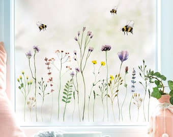 Fensterbild Wildgras Gräser Blumenwiese mit Hummeln Wildblumen wiederverwendbar Fensteraufkleber Fensterdekoration | Frühling