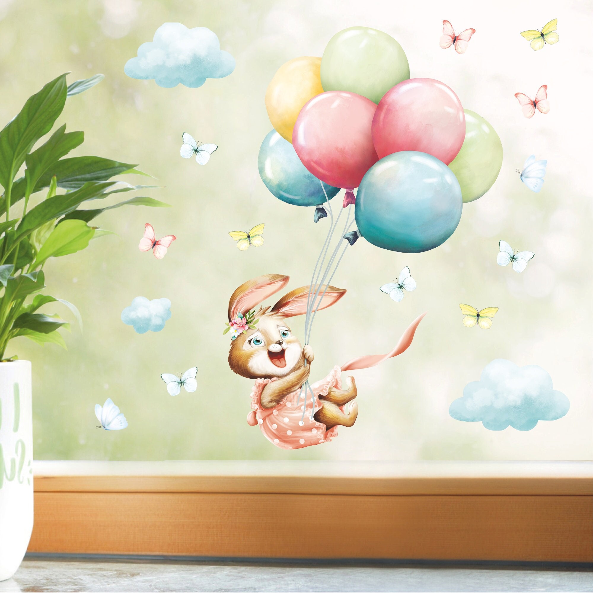 Fensterbild Hasen Mädchen mit Ballons und Schmetterlingen Frühling Fensterdeko Frühlingsdeko Deko Ostern wiederverwendbar