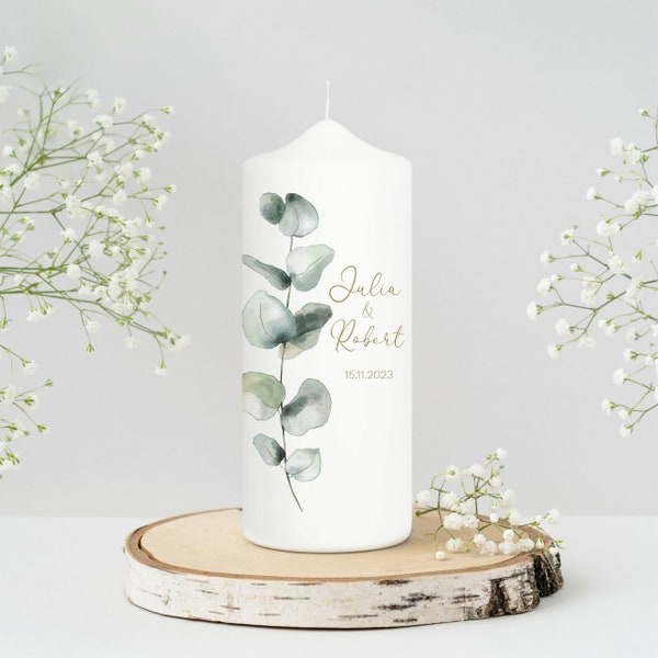 Weiße Hochzeitskerze mit Eukalyptuszweig Boho Personalisiert Kerze Hochzeit Name Wunschdaten Wunschtext