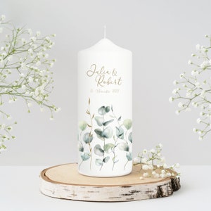 Weiße Hochzeitskerze Eukalyptus Boho Personalisiert Hochzeitsgeschenk Wunschtext, Valentinstagsgeschenk Hochzeit, Jubiläum Gastkerze 18 X 7 Cm