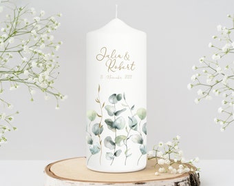 Weiße Hochzeitskerze Eukalyptus Boho Personalisiert Hochzeitsgeschenk Wunschtext, Valentinstagsgeschenk Hochzeit, Jubiläum