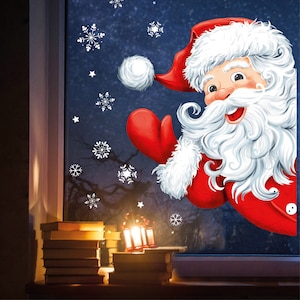 Fensterbild Weihnachtsmann hineinschauend Winter Fenster mit Schneeflocken Adventsdeko wiederverwendbar