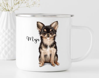 Campingbecher Emaille Hund Chihuahua mit Wunschname Emaille Tasse