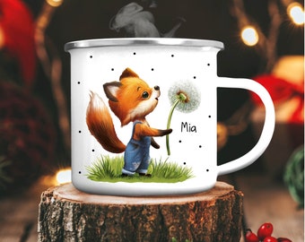 Emaille Campingbecher Fuchs mit Pusteblume Kaffeebecher personalisiert mit Wunschnamen, Geburtstagsgeschenk